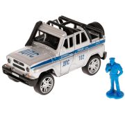Модель UAZ HUNTER ПОЛИЦИЯ 11,5 см, двери, баг, ин, фигурка, асс, кор. Технопарк